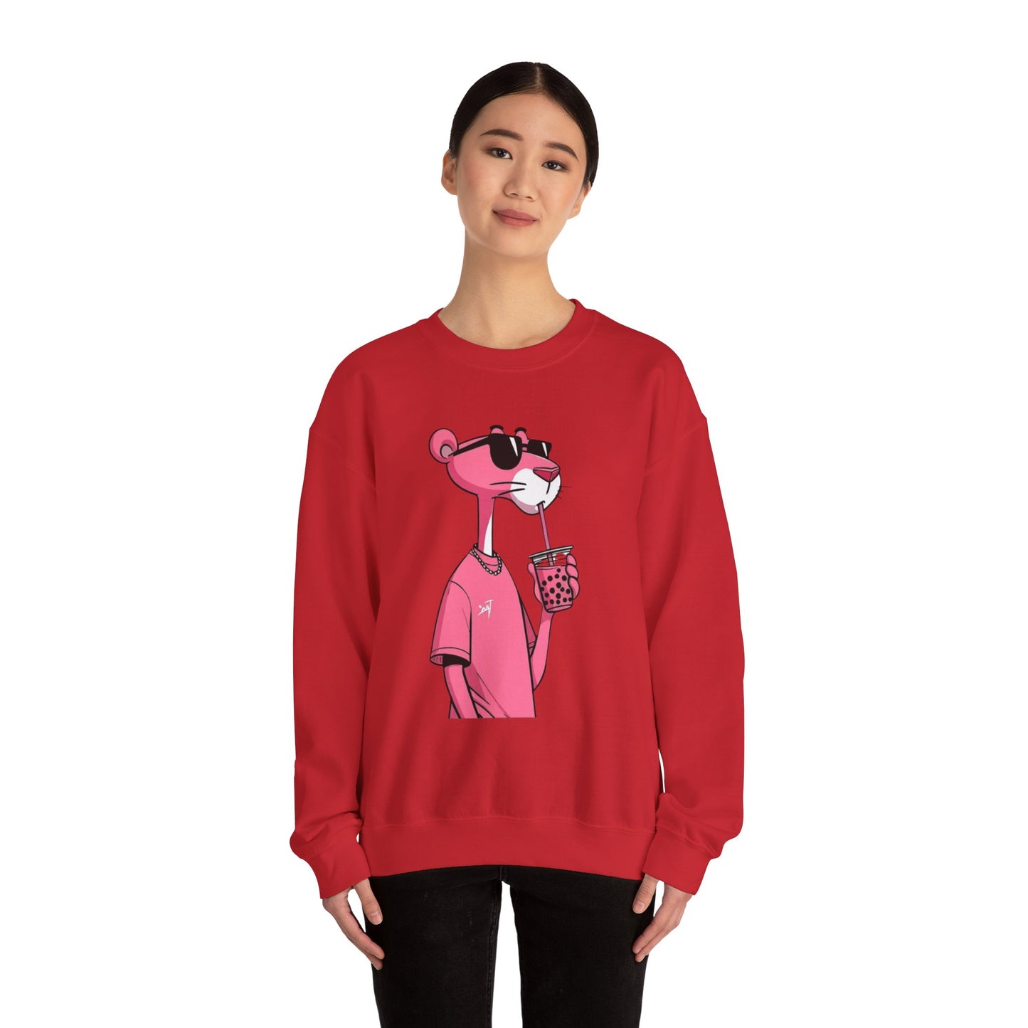 Pink Panther Cartoon Sweatshirt — Cool Sunglasses Bubble Tea Graphic Crewneck