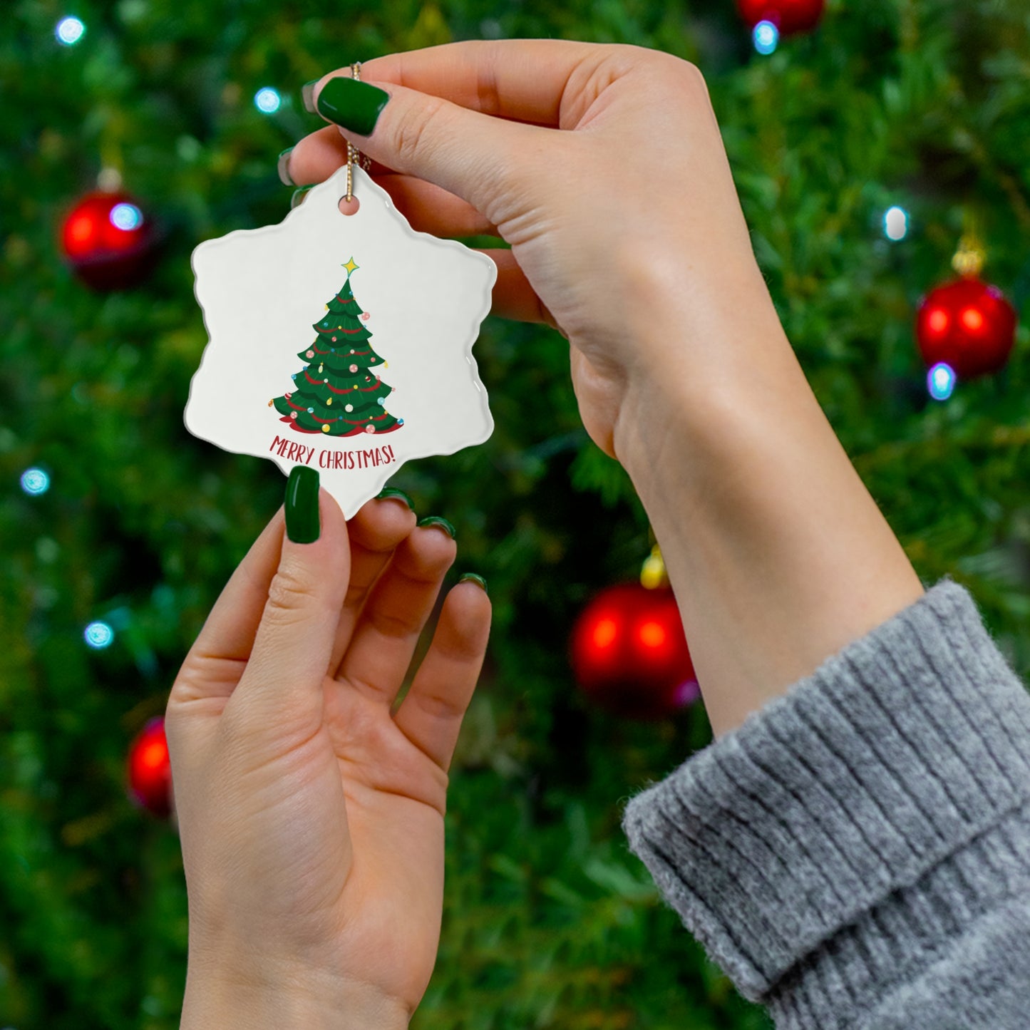 Ceramic Ornament — Merry Christmas Tree Round Holiday Ornament