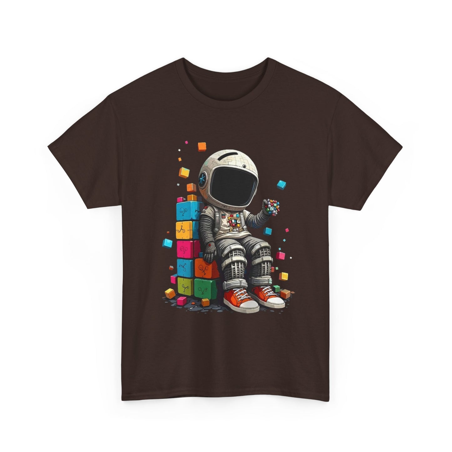 Astronaut Chill T‑Shirt — Retro Space Traveler Sitting on Colorful Blocks
