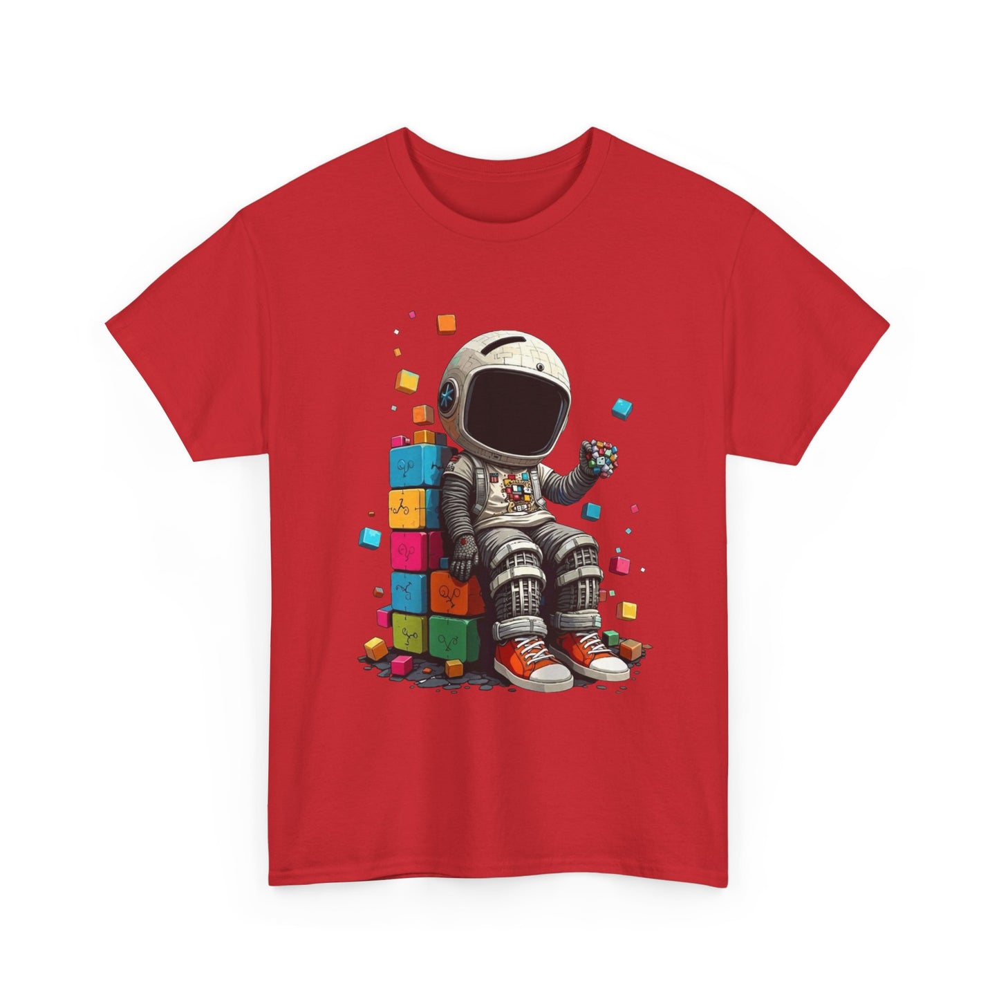Astronaut Chill T‑Shirt — Retro Space Traveler Sitting on Colorful Blocks