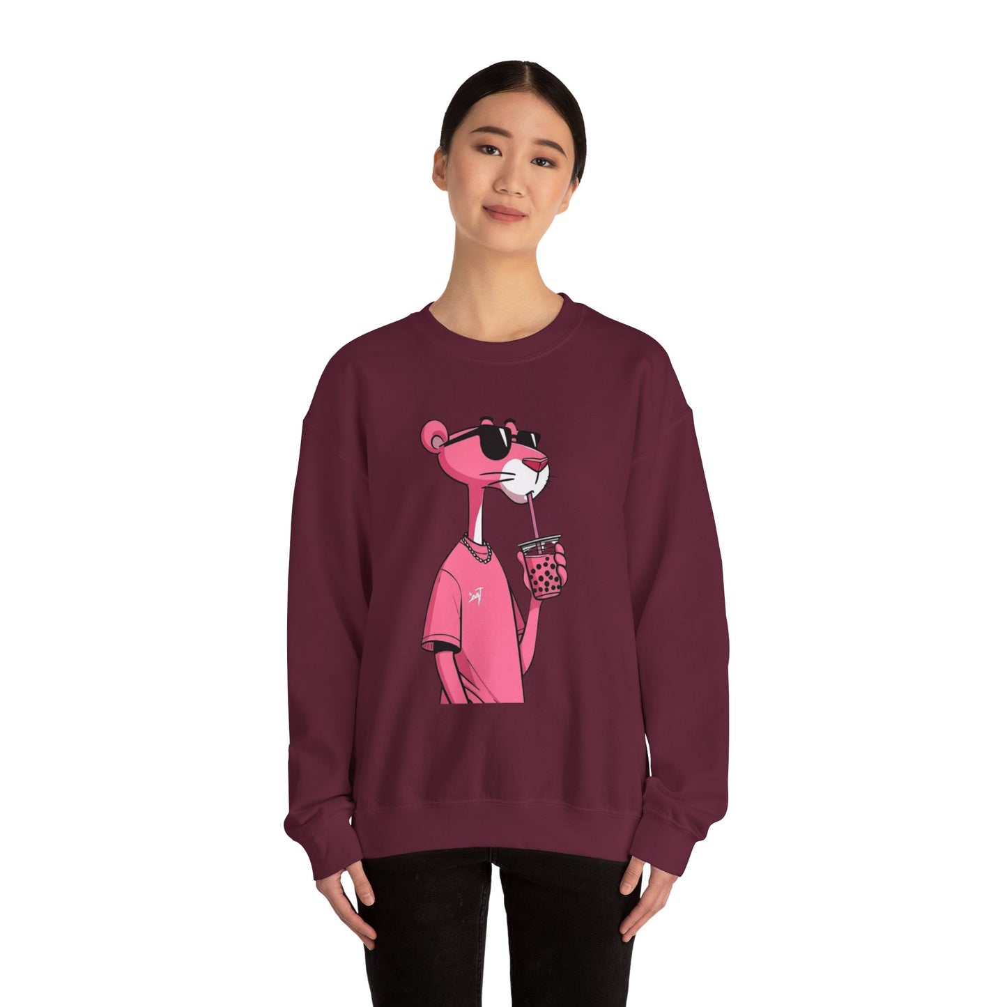 Pink Panther Cartoon Sweatshirt — Cool Sunglasses Bubble Tea Graphic Crewneck
