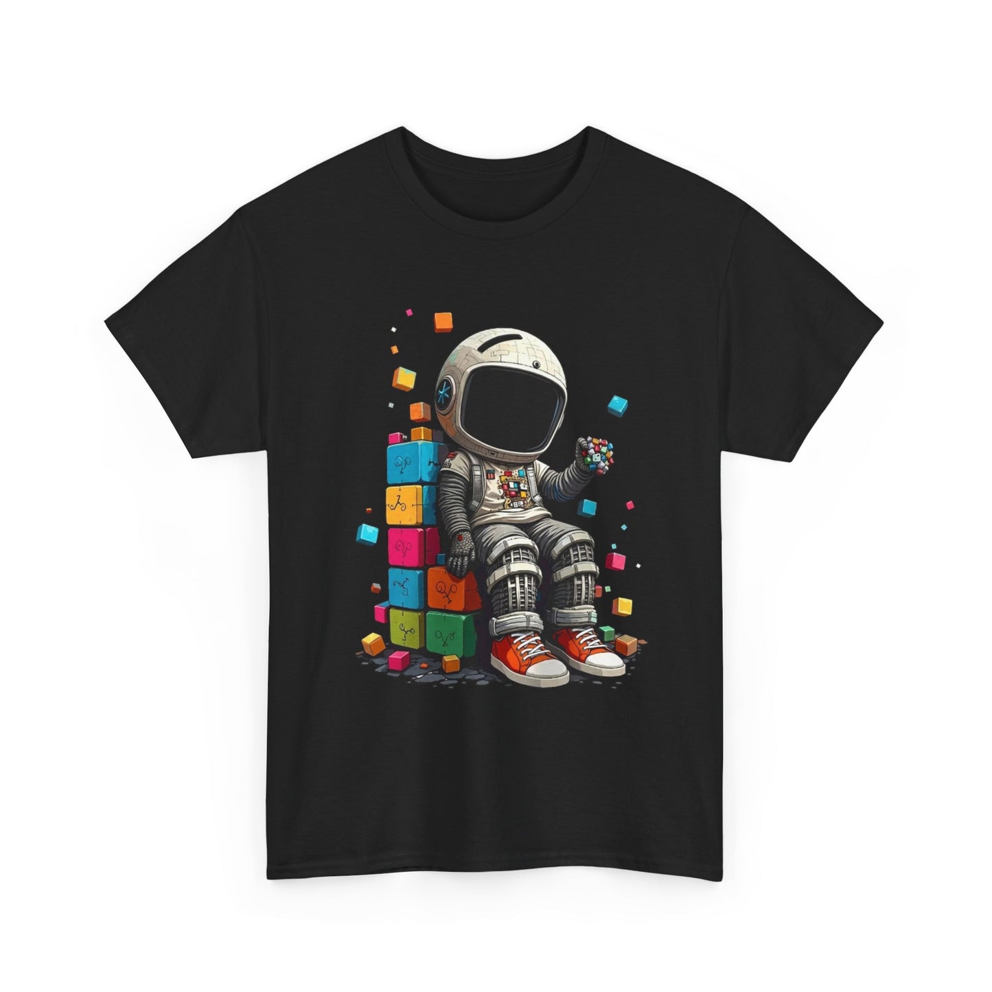 Astronaut Chill T‑Shirt — Retro Space Traveler Sitting on Colorful Blocks