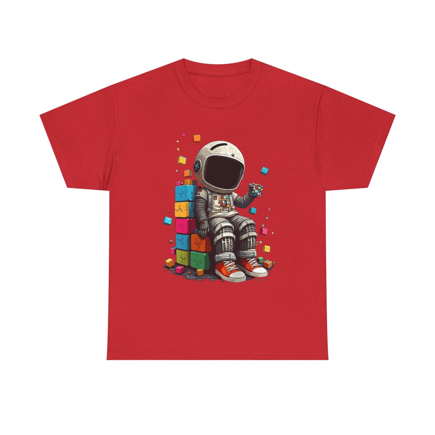 Astronaut Chill T‑Shirt — Retro Space Traveler Sitting on Colorful Blocks