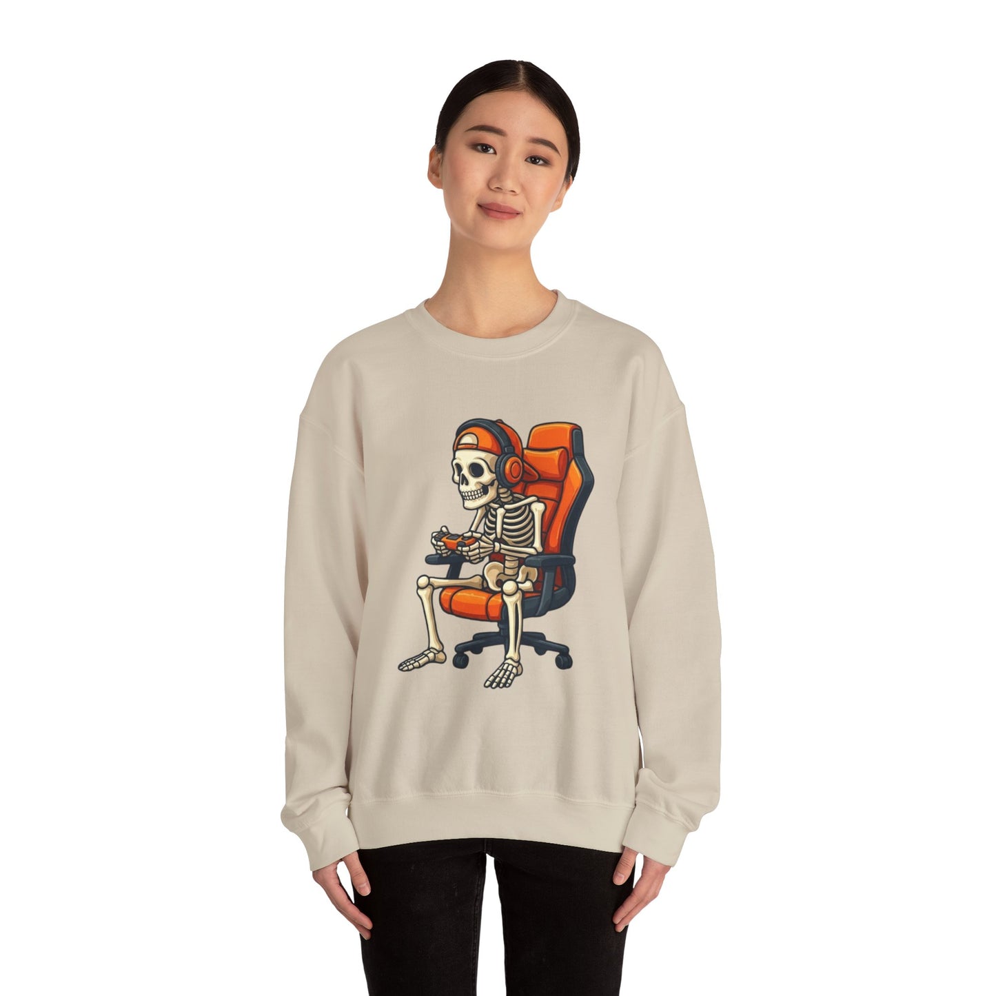 Gamer Skeleton Crewneck Sweatshirt – Retro Skull Gaming Chair Design