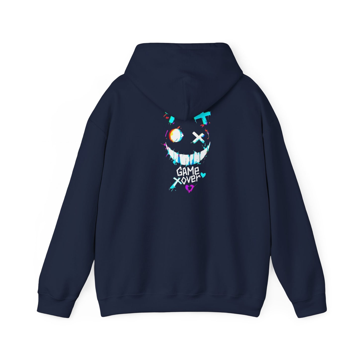 Game Over Smiley Hoodie — Glitchy Neon Gamer Graphic Pullover