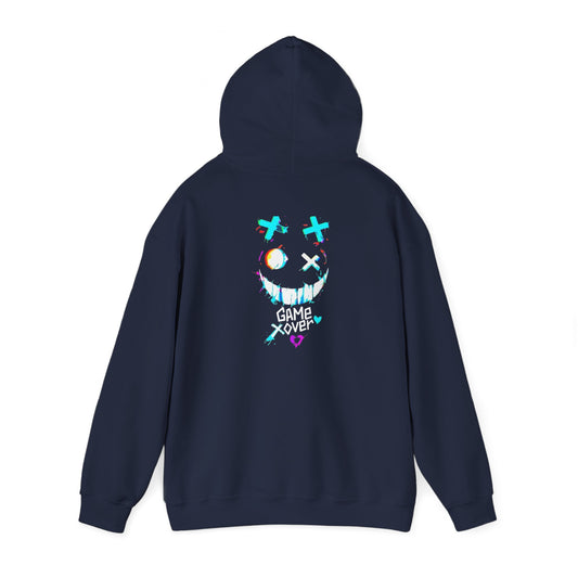 Game Over Smiley Hoodie — Glitchy Neon Gamer Graphic Pullover