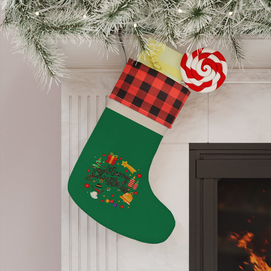 Christmas Stocking - Green Buffalo Plaid Holiday Stocking with Merry Christmas Design