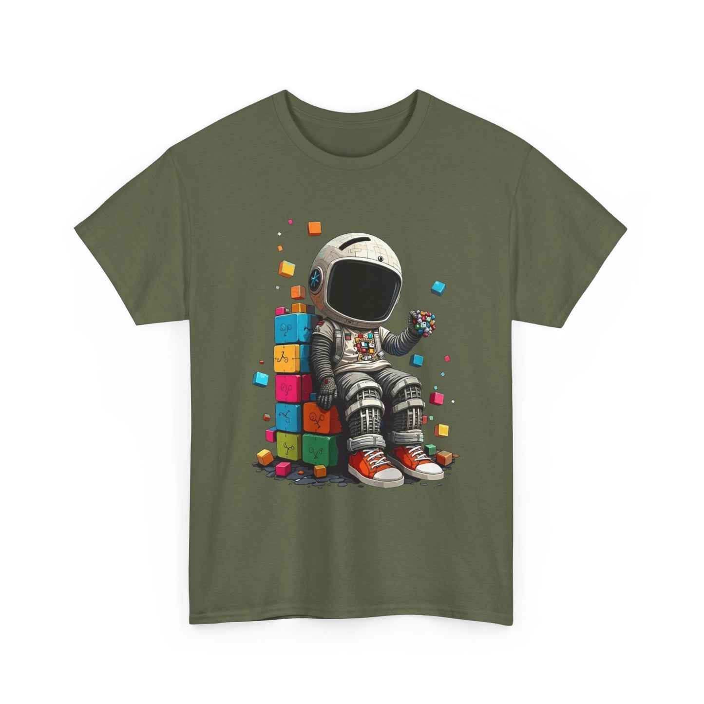 Astronaut Chill T‑Shirt — Retro Space Traveler Sitting on Colorful Blocks