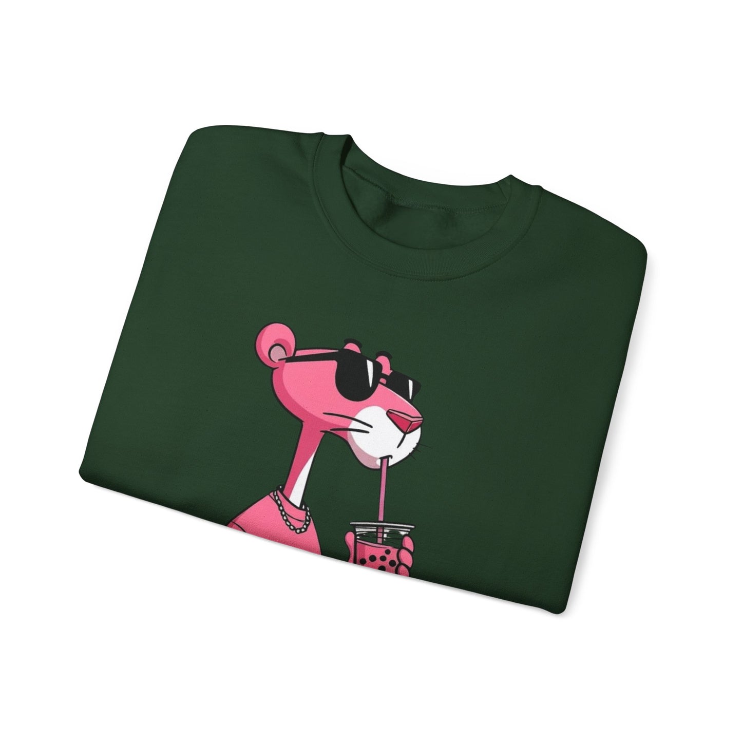 Pink Panther Cartoon Sweatshirt — Cool Sunglasses Bubble Tea Graphic Crewneck