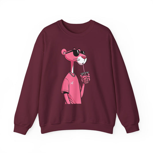 Pink Panther Cartoon Sweatshirt — Cool Sunglasses Bubble Tea Graphic Crewneck