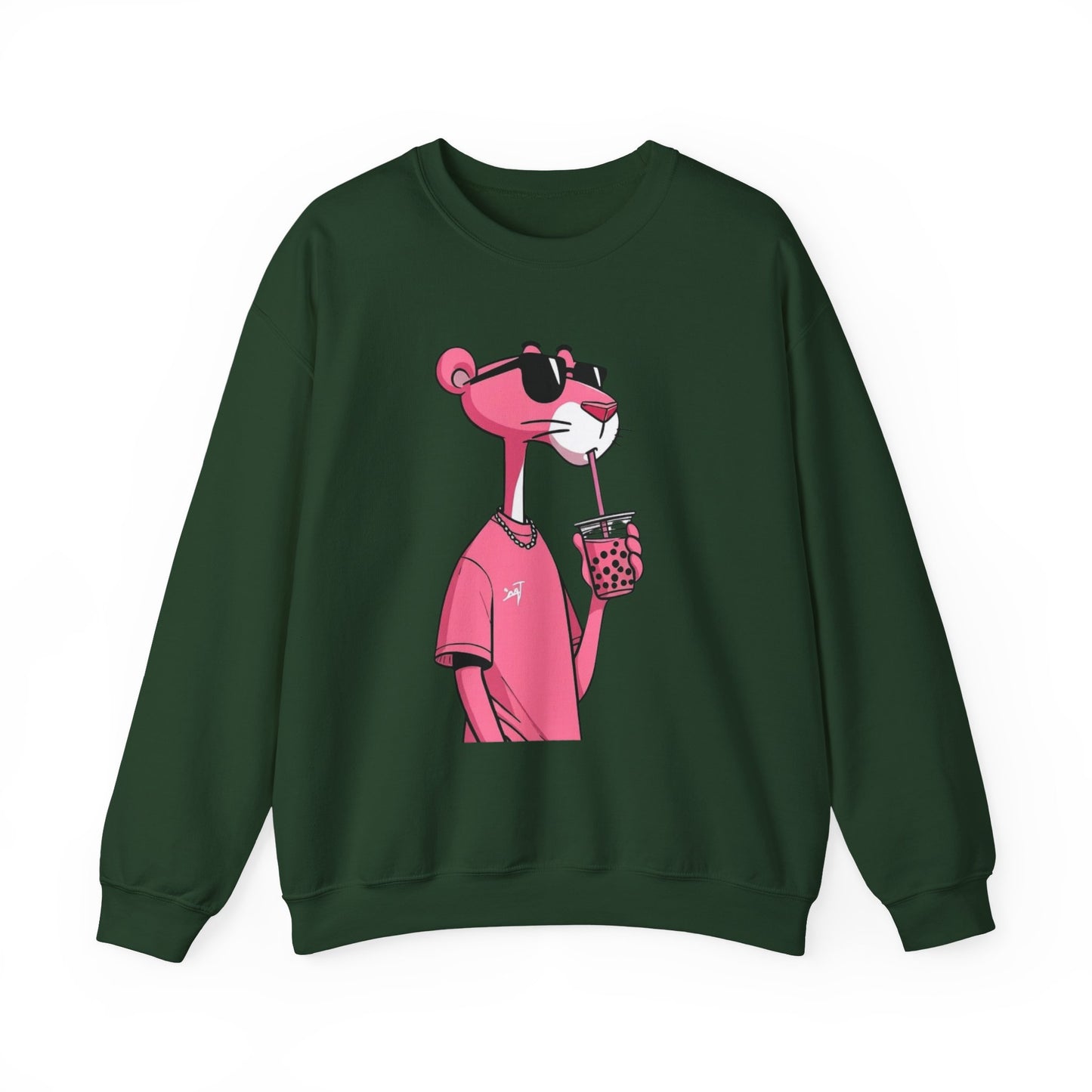 Pink Panther Cartoon Sweatshirt — Cool Sunglasses Bubble Tea Graphic Crewneck