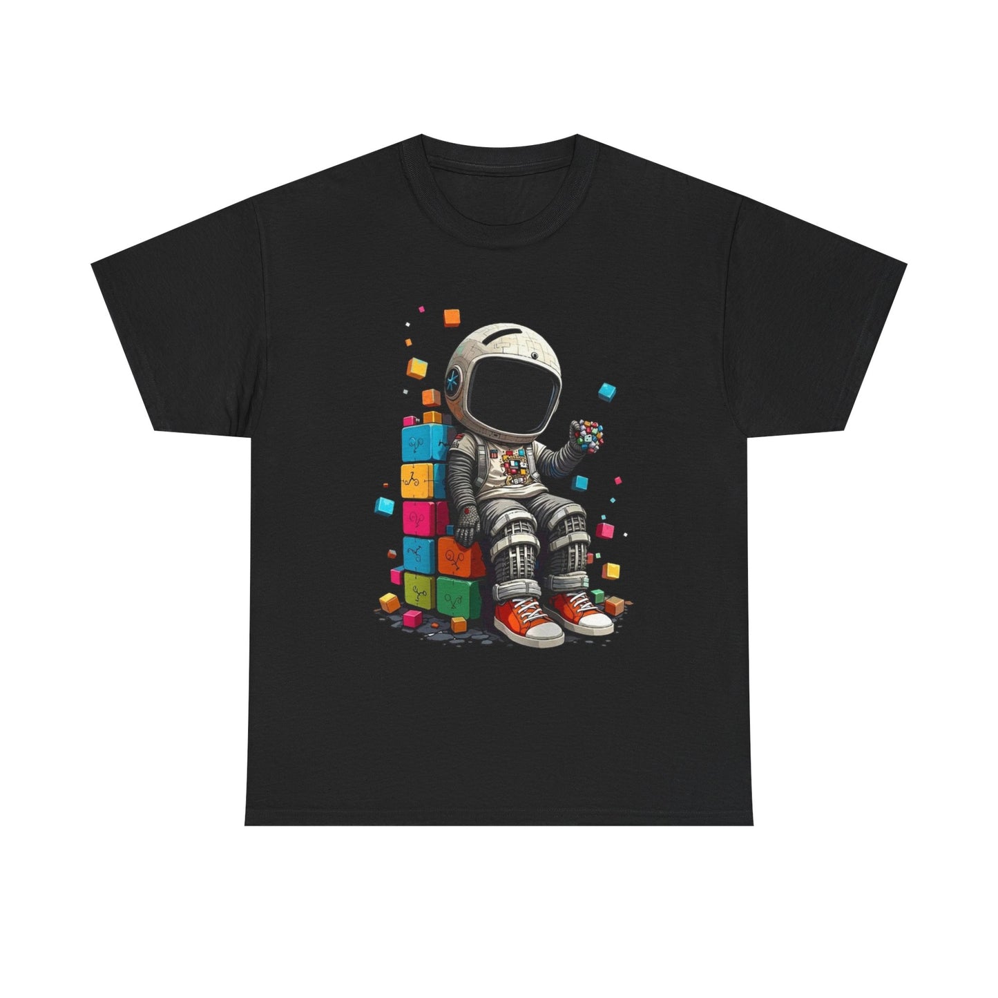 Astronaut Chill T‑Shirt — Retro Space Traveler Sitting on Colorful Blocks