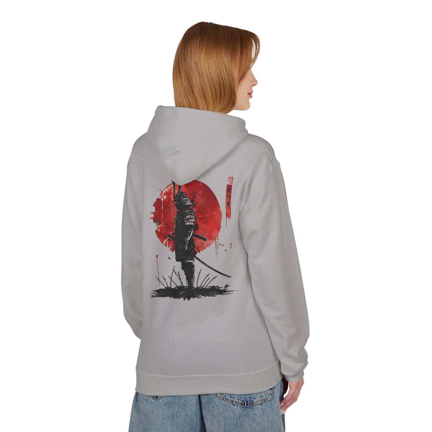 Samurai Silhouette Hoodie — Red Sun Japanese Warrior Graphic