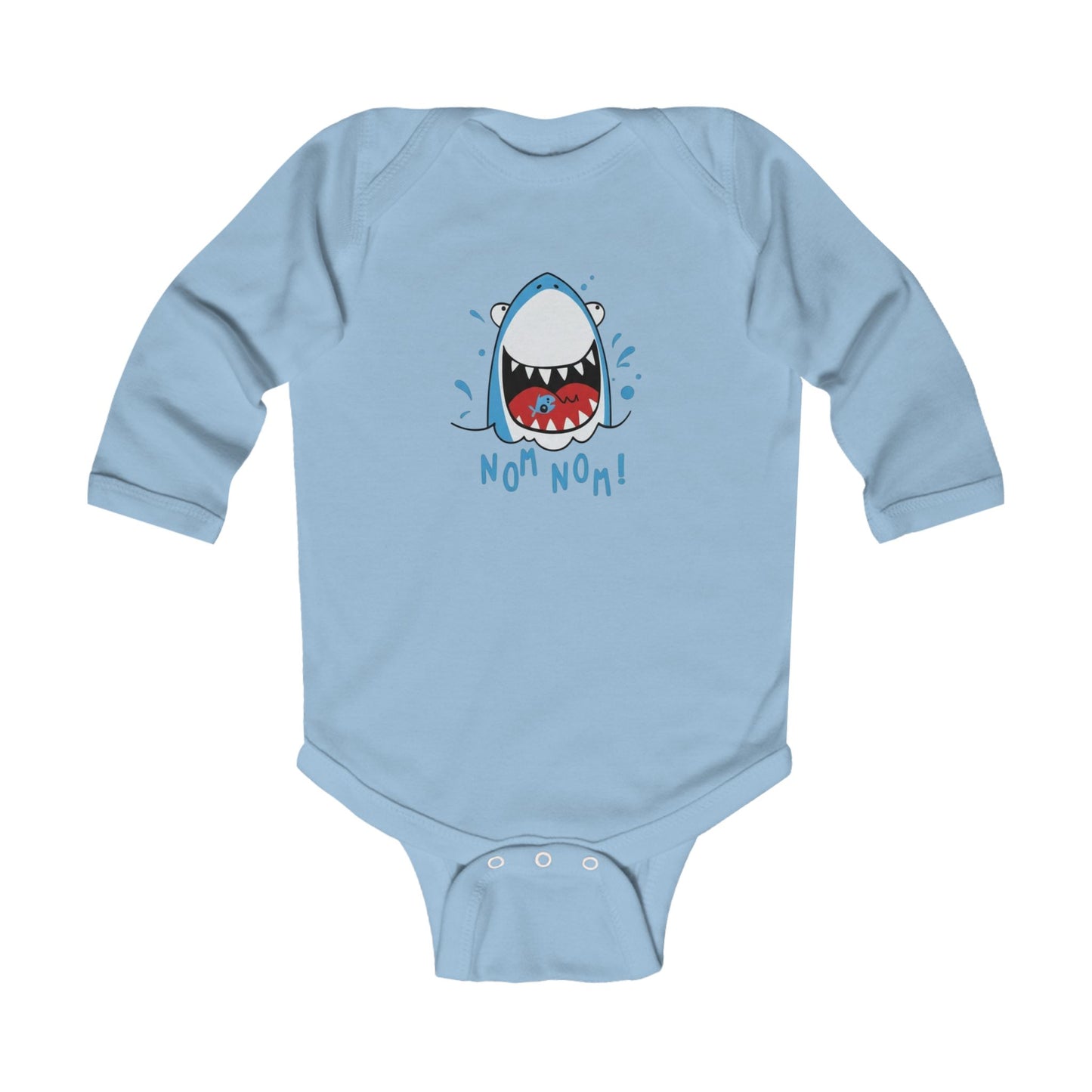 Infant Bodysuit — Cute Shark 'Nom Nom!' Long Sleeve Baby Onesie