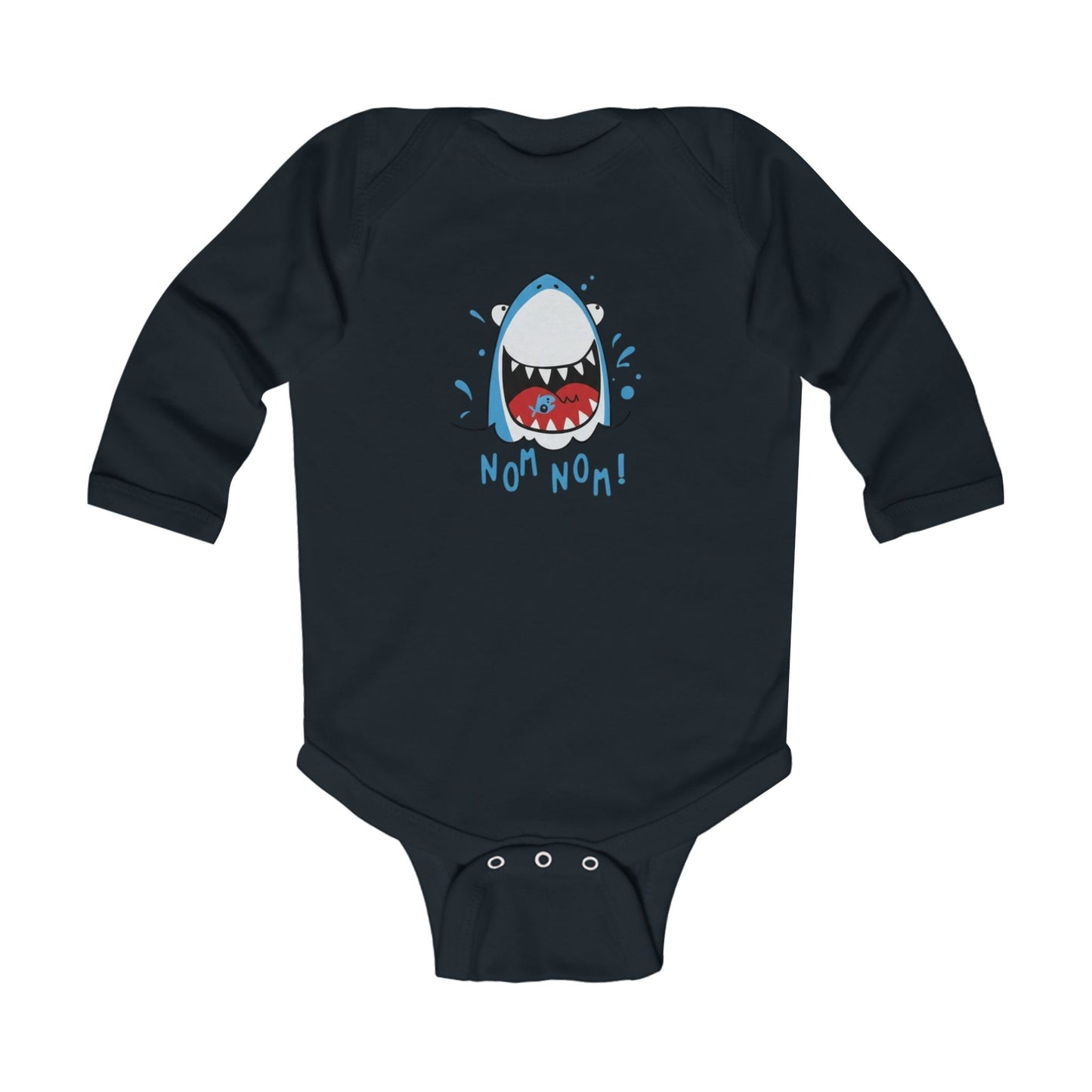 Infant Bodysuit — Cute Shark 'Nom Nom!' Long Sleeve Baby Onesie