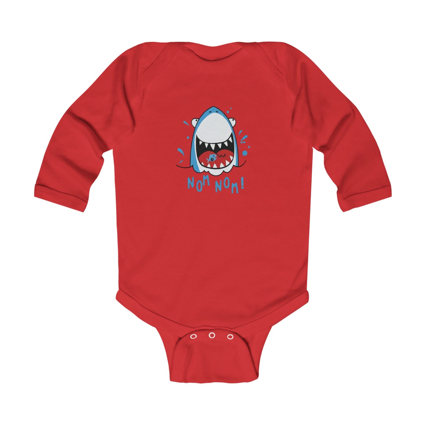 Infant Bodysuit — Cute Shark 'Nom Nom!' Long Sleeve Baby Onesie