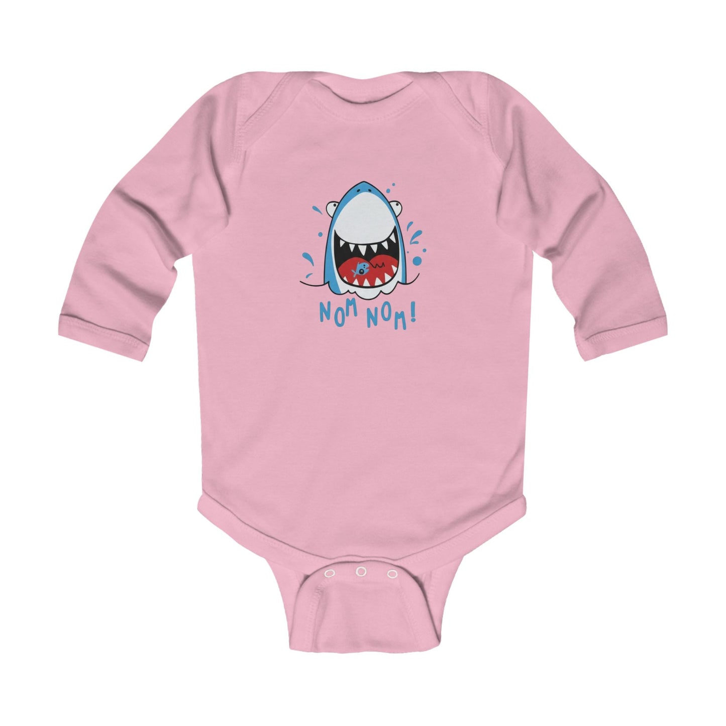 Infant Bodysuit — Cute Shark 'Nom Nom!' Long Sleeve Baby Onesie