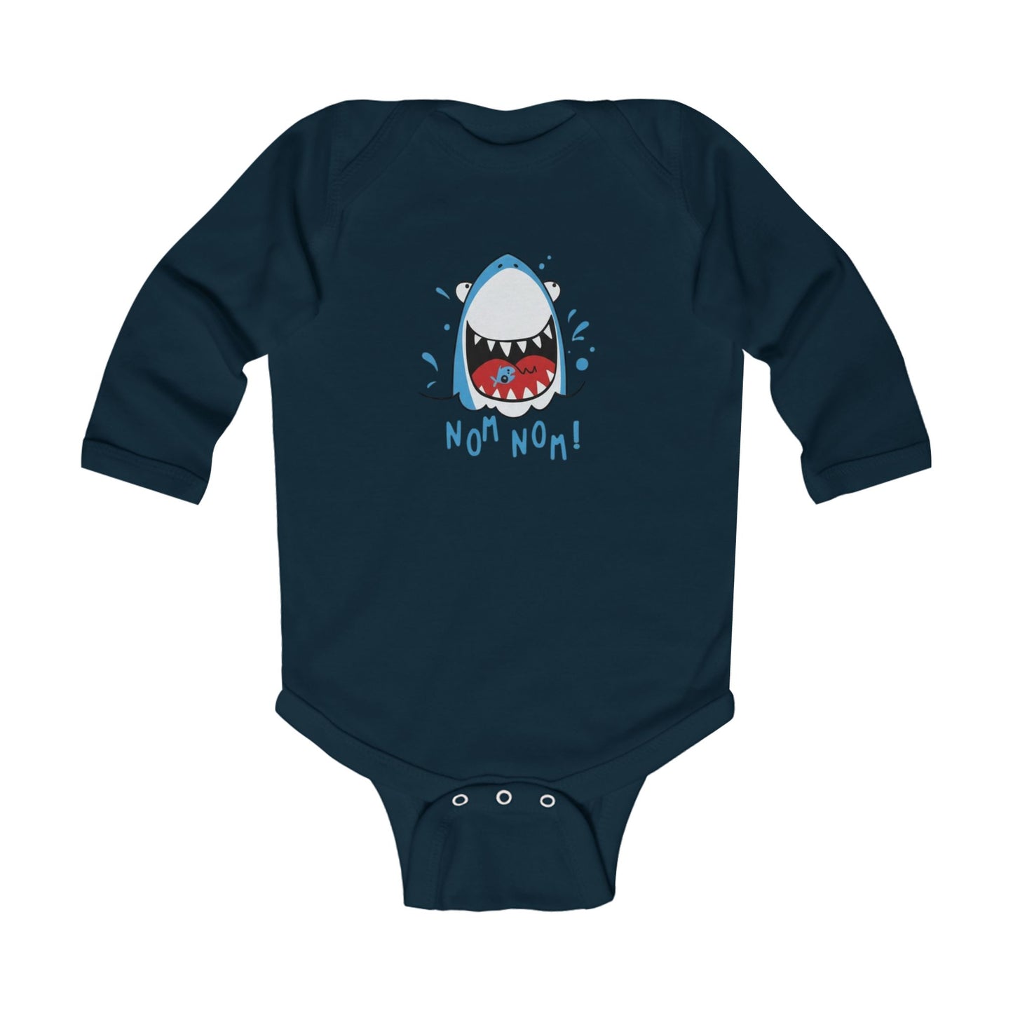 Infant Bodysuit — Cute Shark 'Nom Nom!' Long Sleeve Baby Onesie