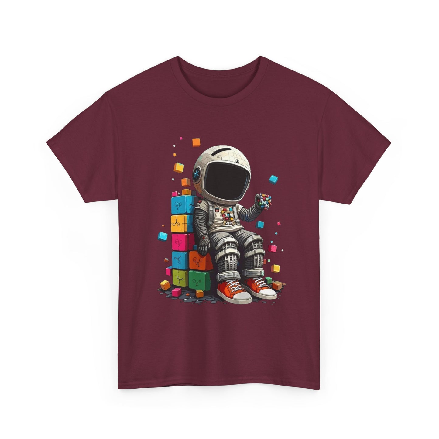 Astronaut Chill T‑Shirt — Retro Space Traveler Sitting on Colorful Blocks