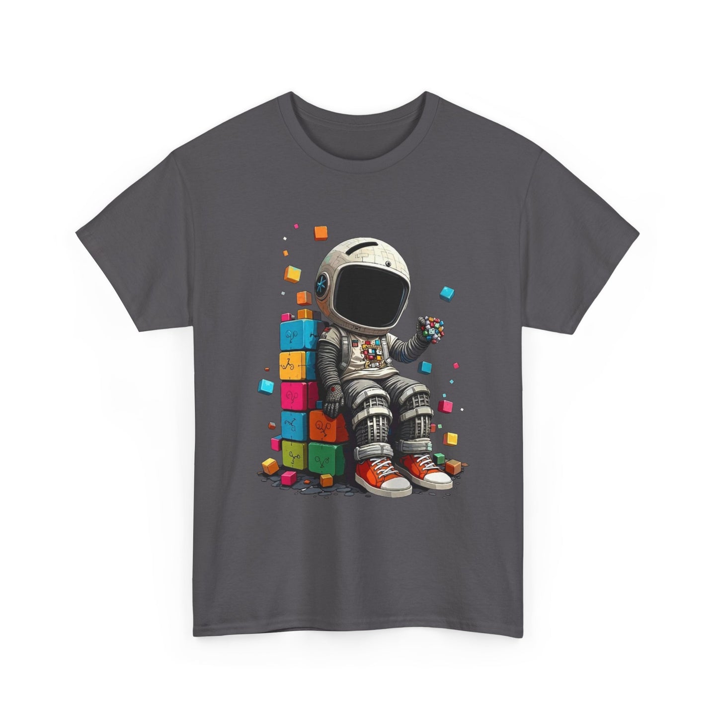 Astronaut Chill T‑Shirt — Retro Space Traveler Sitting on Colorful Blocks