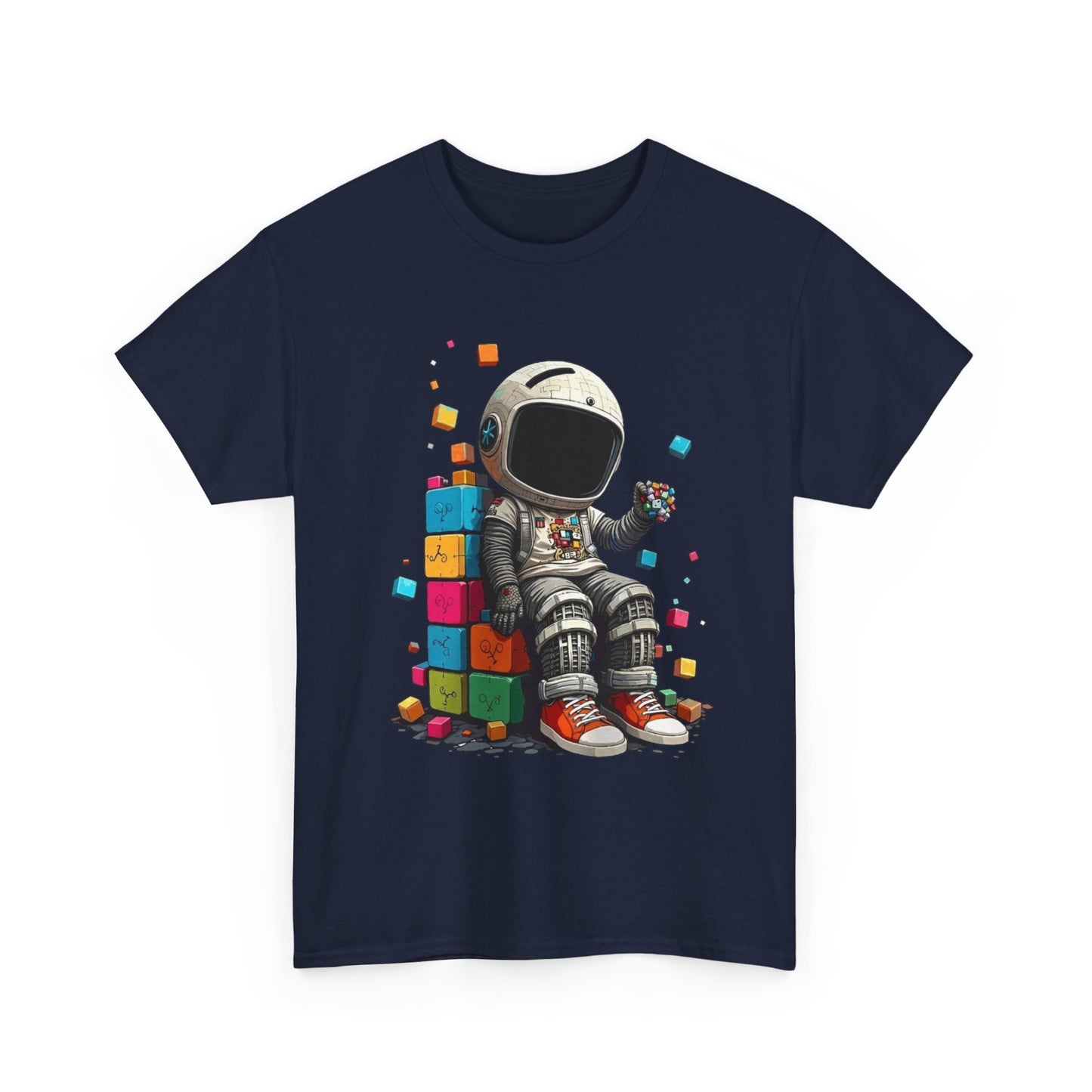 Astronaut Chill T‑Shirt — Retro Space Traveler Sitting on Colorful Blocks