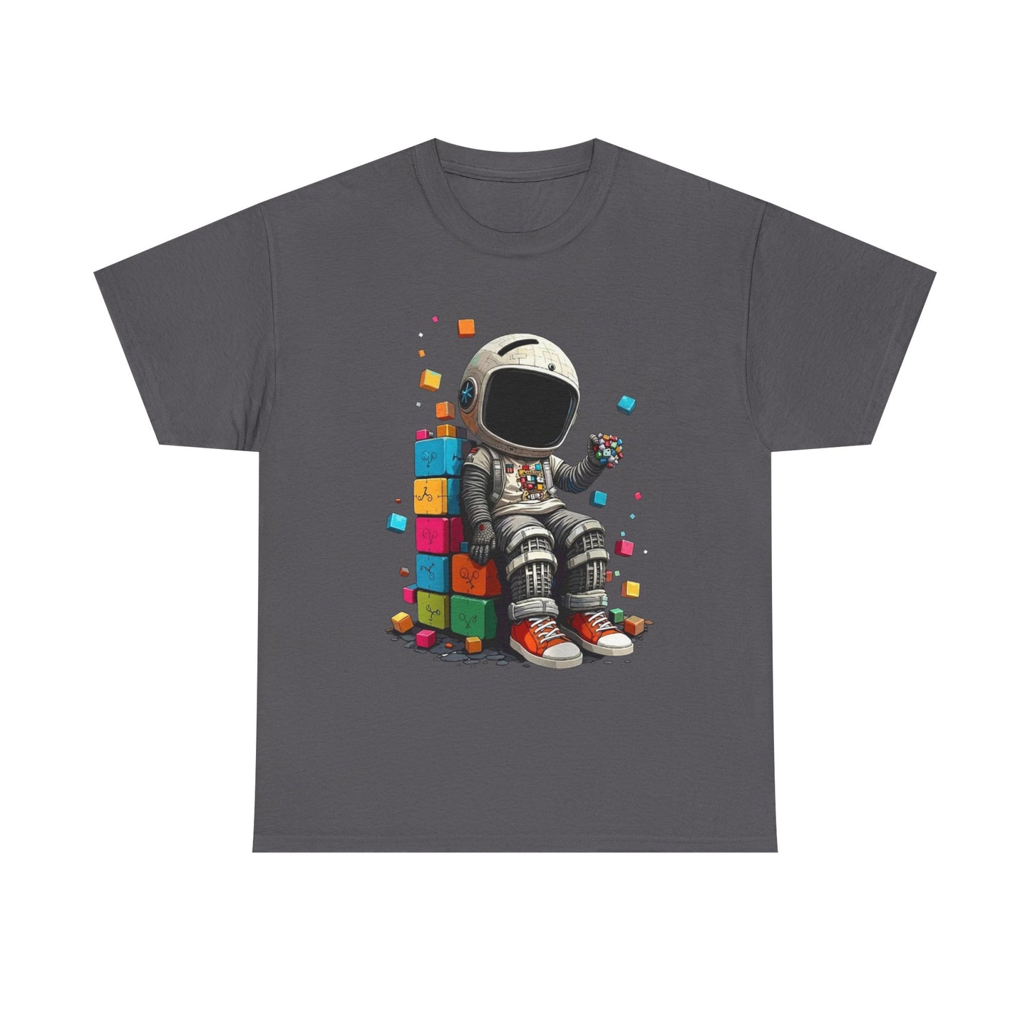 Astronaut Chill T‑Shirt — Retro Space Traveler Sitting on Colorful Blocks