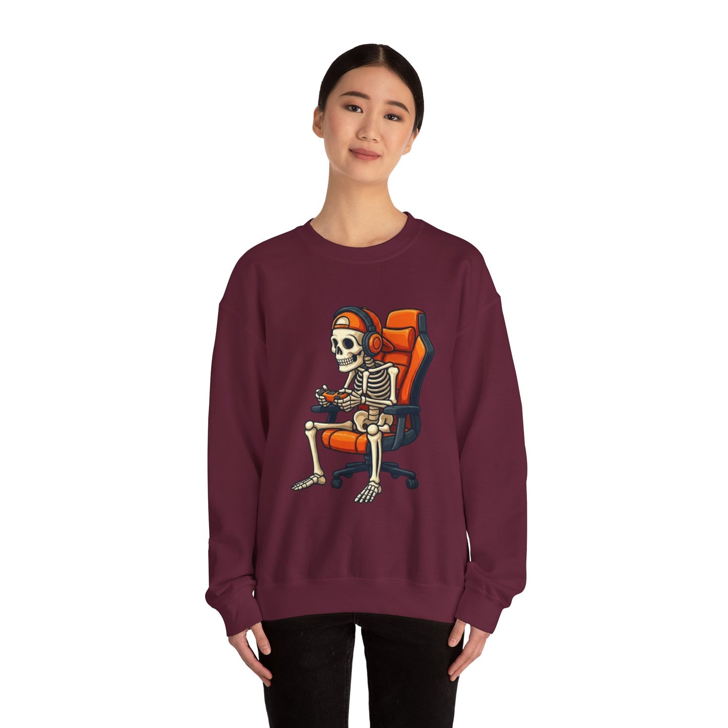 Gamer Skeleton Crewneck Sweatshirt – Retro Skull Gaming Chair Design