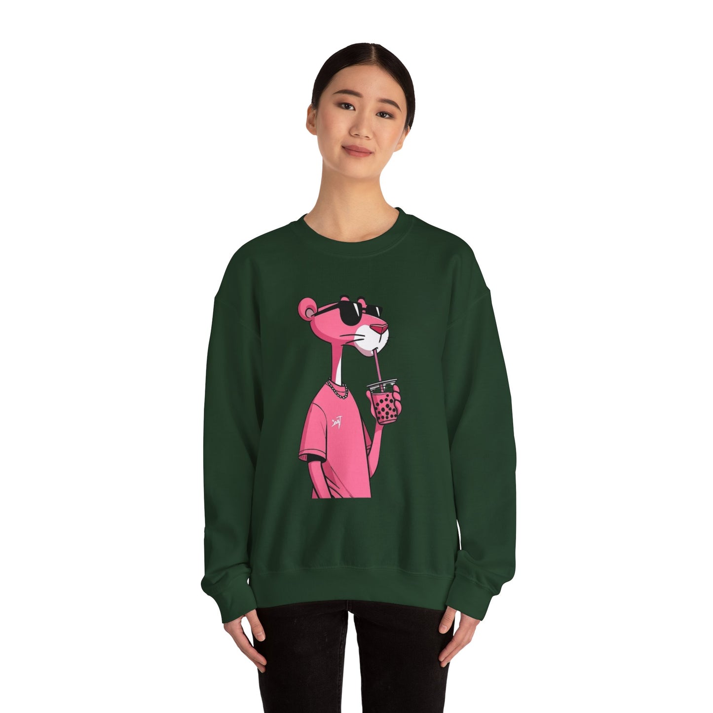 Pink Panther Cartoon Sweatshirt — Cool Sunglasses Bubble Tea Graphic Crewneck