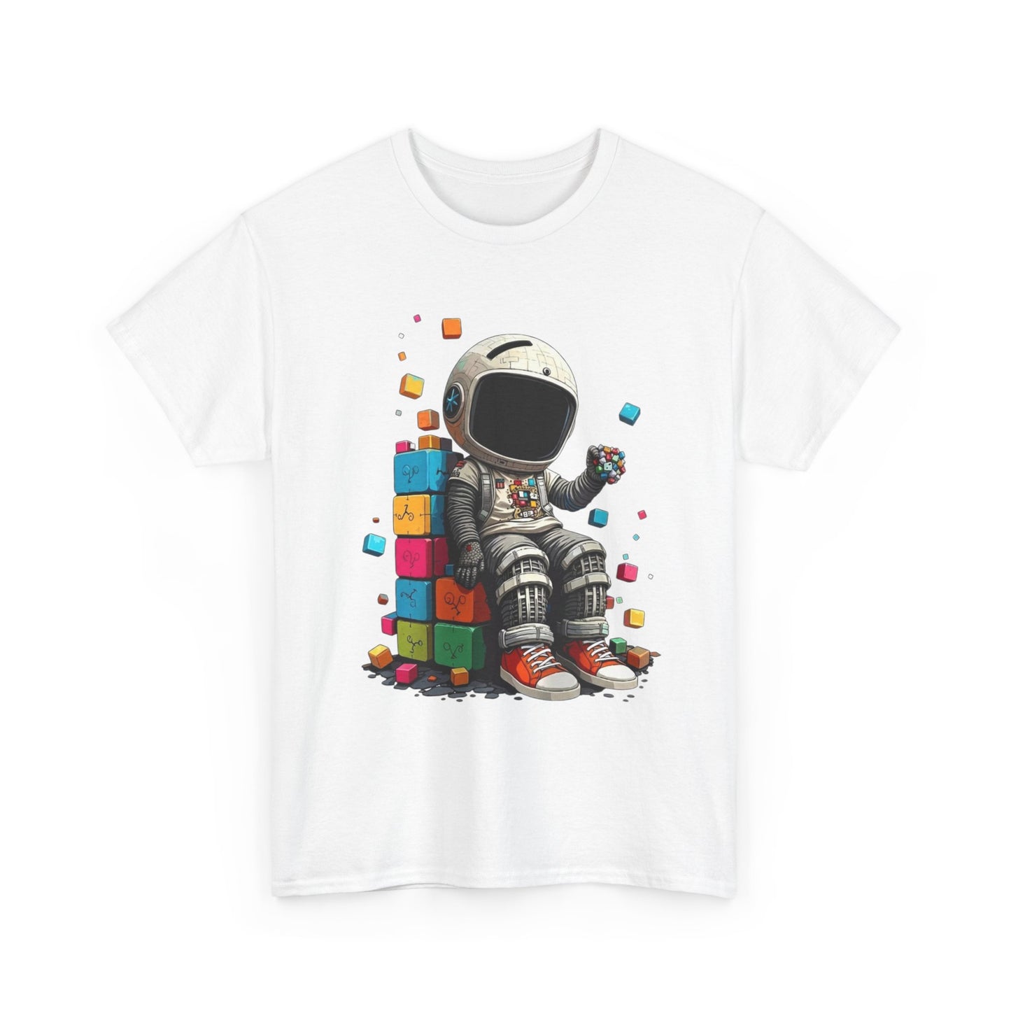 Astronaut Chill T‑Shirt — Retro Space Traveler Sitting on Colorful Blocks