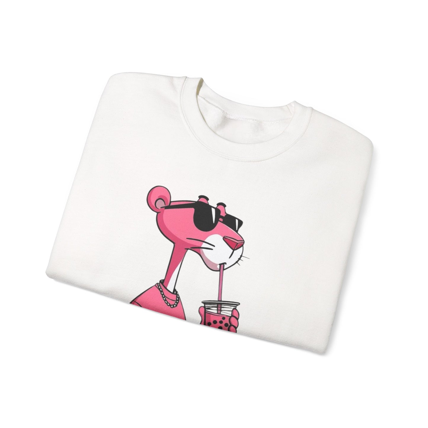 Pink Panther Cartoon Sweatshirt — Cool Sunglasses Bubble Tea Graphic Crewneck