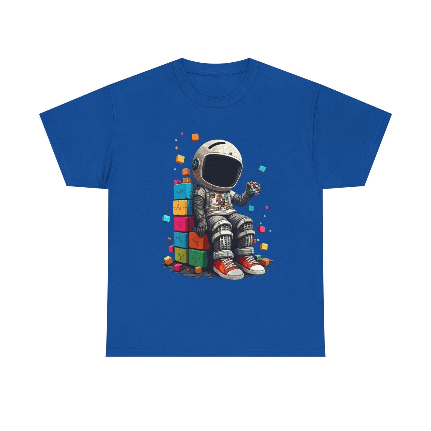 Astronaut Chill T‑Shirt — Retro Space Traveler Sitting on Colorful Blocks