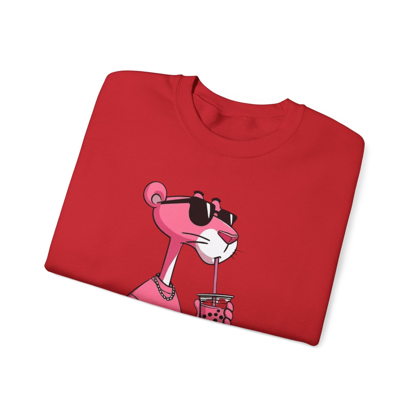 Pink Panther Cartoon Sweatshirt — Cool Sunglasses Bubble Tea Graphic Crewneck