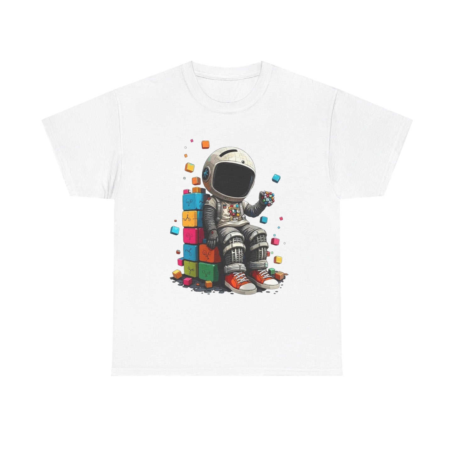 Astronaut Chill T‑Shirt — Retro Space Traveler Sitting on Colorful Blocks