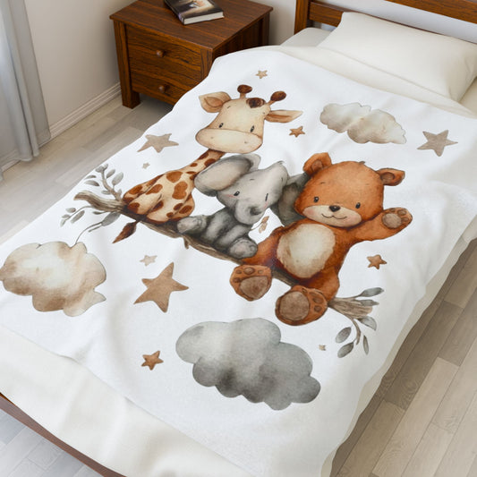Baby Animal Velveteen Plush Blanket — Giraffe, Elephant & Bear Nursery Throw