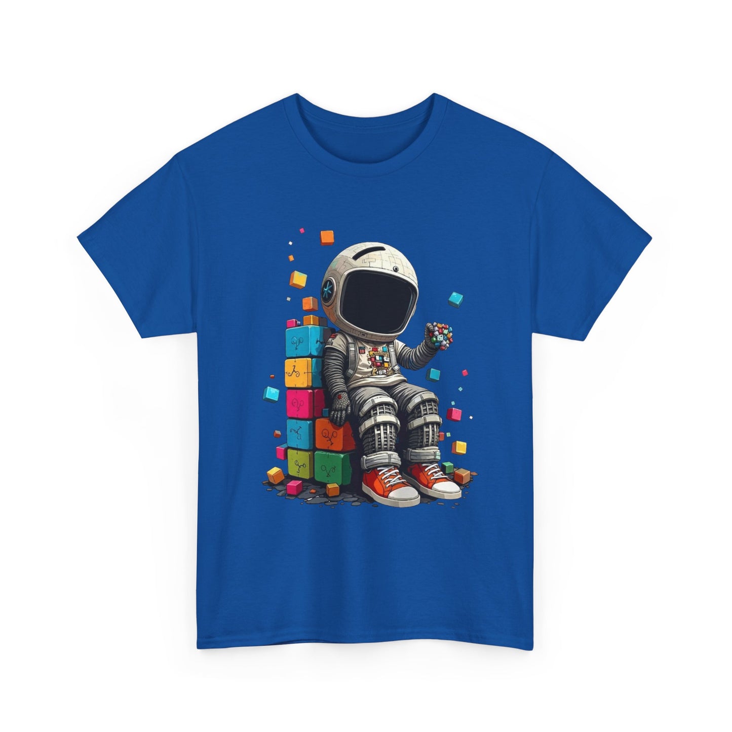 Astronaut Chill T‑Shirt — Retro Space Traveler Sitting on Colorful Blocks