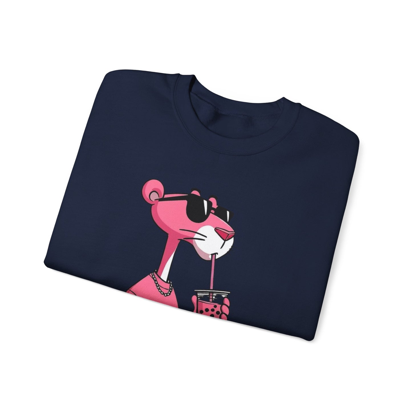 Pink Panther Cartoon Sweatshirt — Cool Sunglasses Bubble Tea Graphic Crewneck