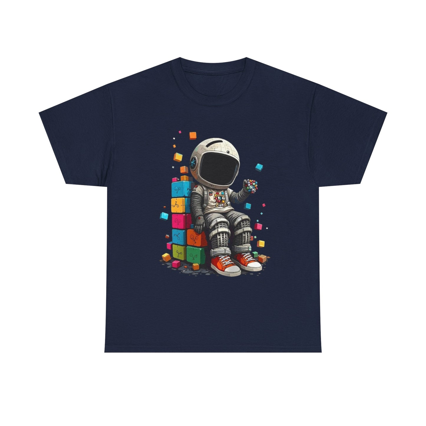 Astronaut Chill T‑Shirt — Retro Space Traveler Sitting on Colorful Blocks
