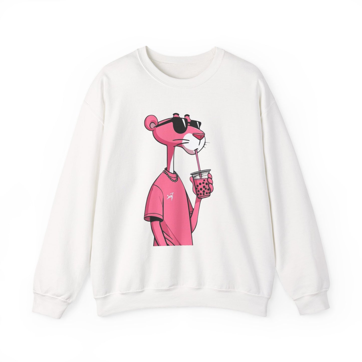 Pink Panther Cartoon Sweatshirt — Cool Sunglasses Bubble Tea Graphic Crewneck