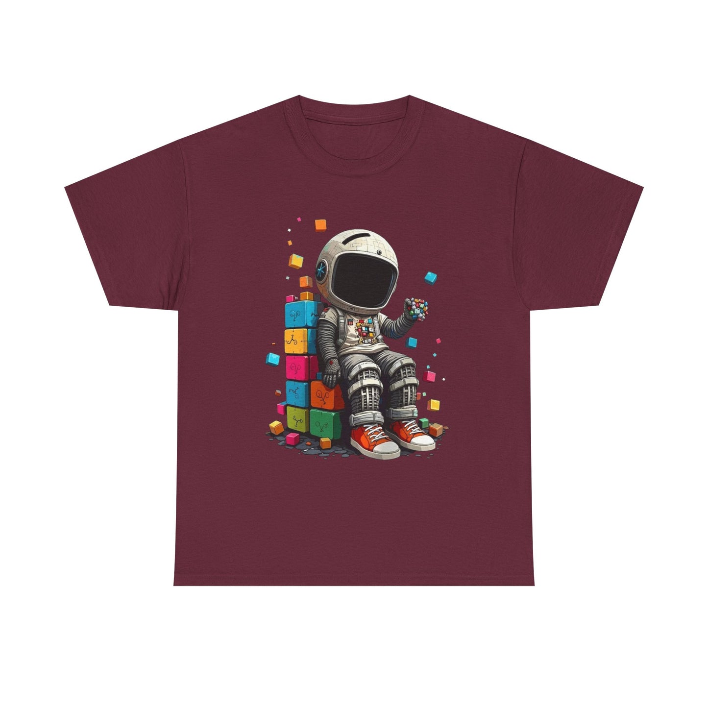 Astronaut Chill T‑Shirt — Retro Space Traveler Sitting on Colorful Blocks