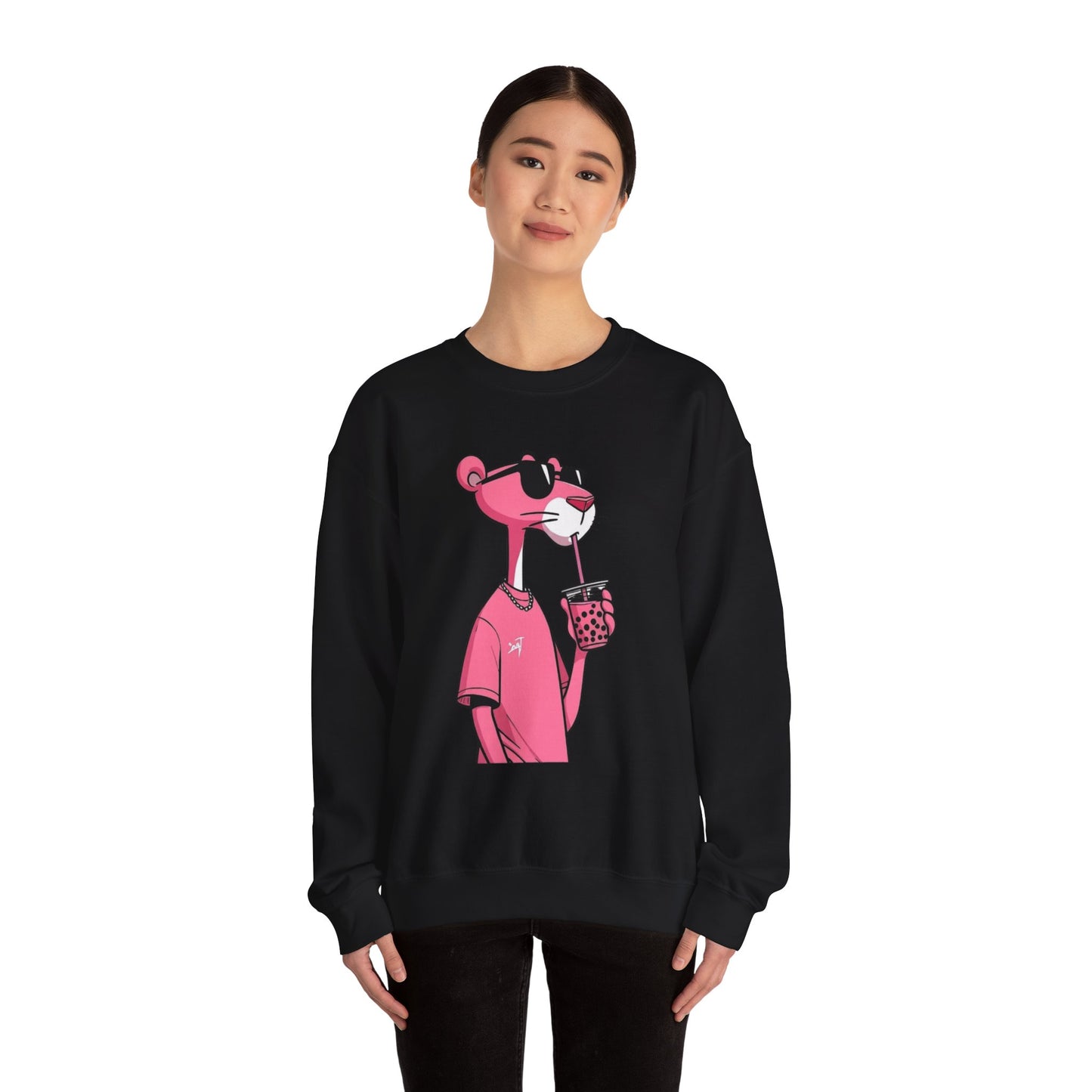 Pink Panther Cartoon Sweatshirt — Cool Sunglasses Bubble Tea Graphic Crewneck