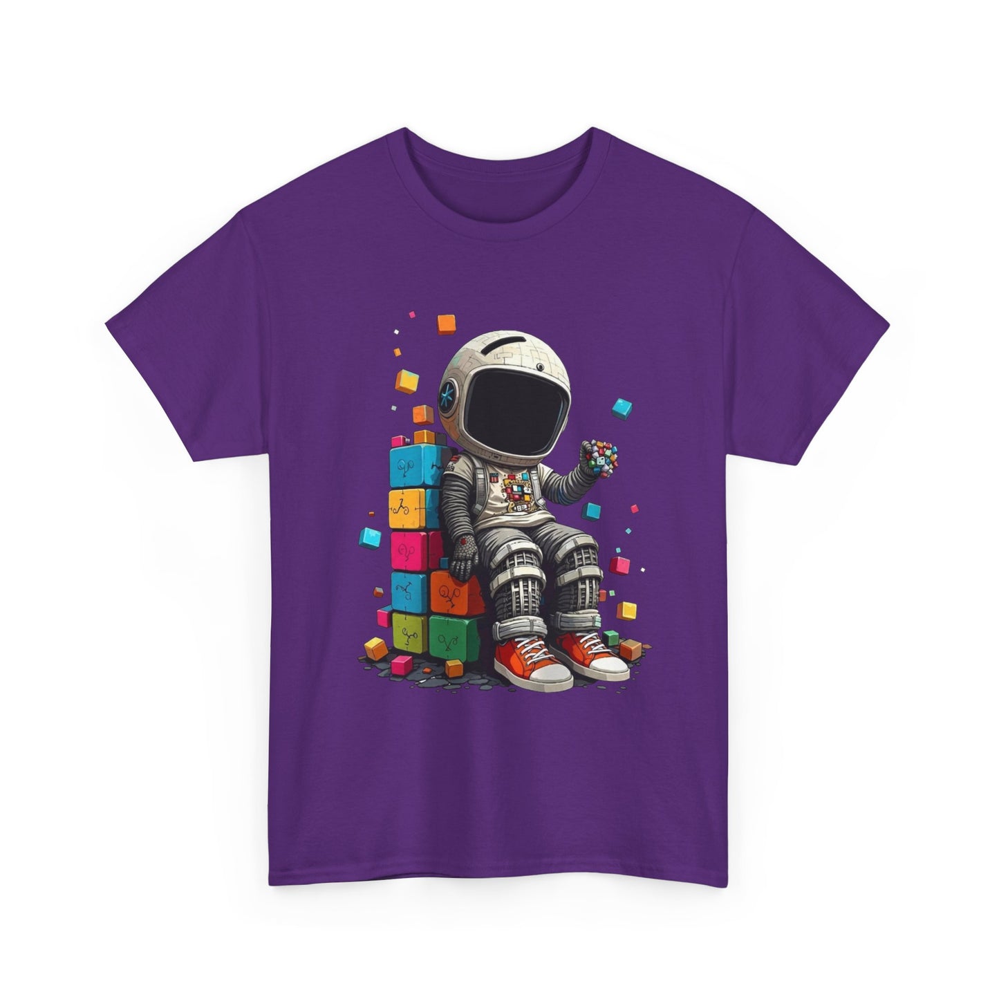 Astronaut Chill T‑Shirt — Retro Space Traveler Sitting on Colorful Blocks