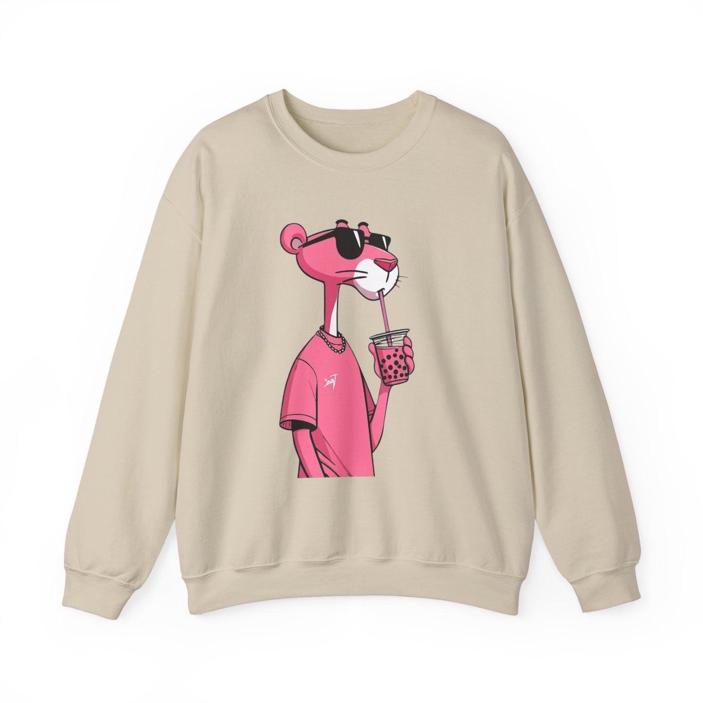 Pink Panther Cartoon Sweatshirt — Cool Sunglasses Bubble Tea Graphic Crewneck