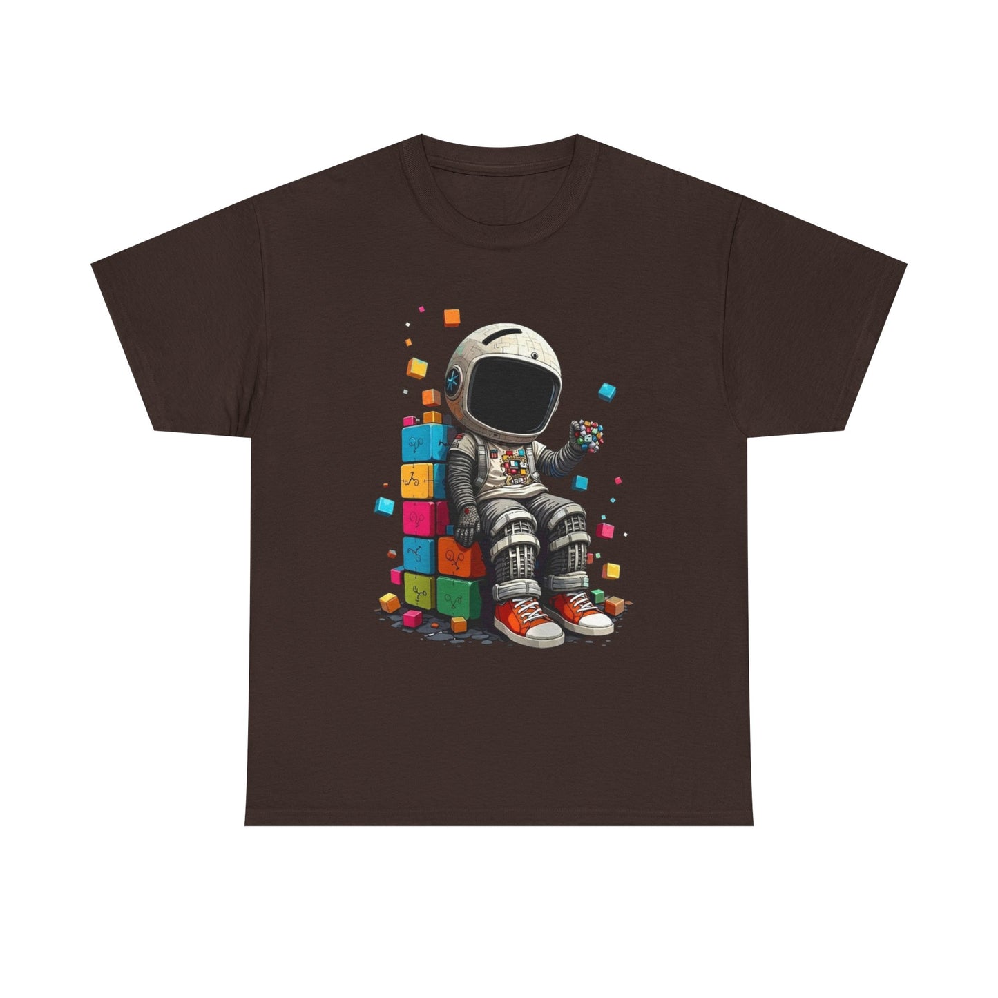 Astronaut Chill T‑Shirt — Retro Space Traveler Sitting on Colorful Blocks