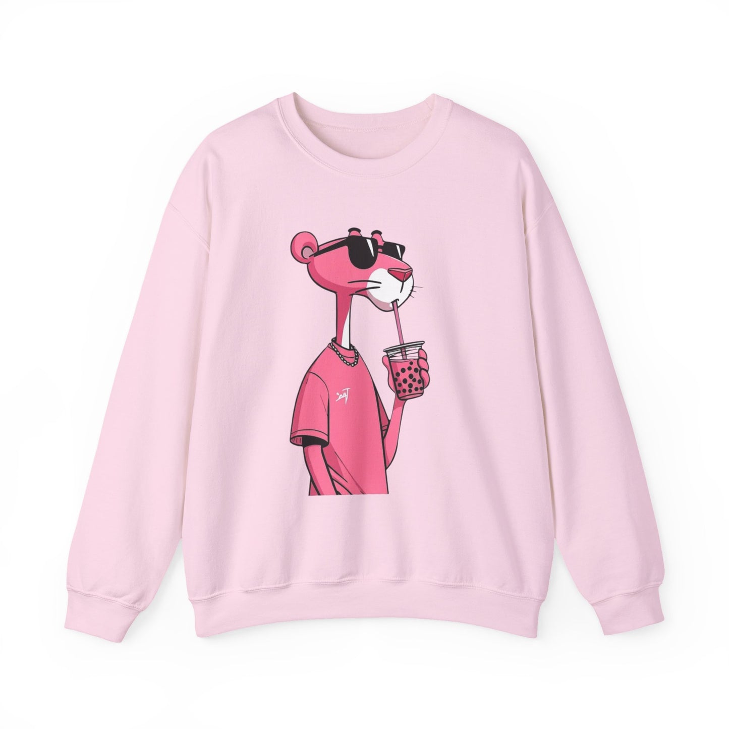 Pink Panther Cartoon Sweatshirt — Cool Sunglasses Bubble Tea Graphic Crewneck
