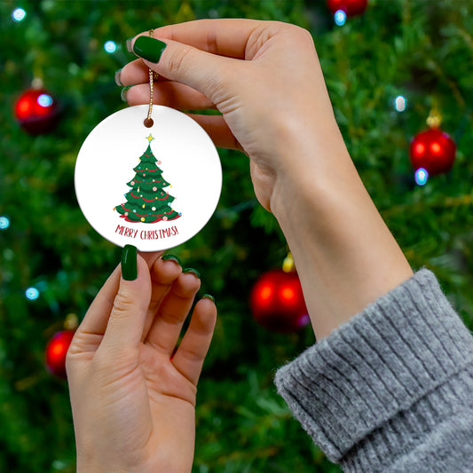 Ceramic Ornament — Merry Christmas Tree Round Holiday Ornament