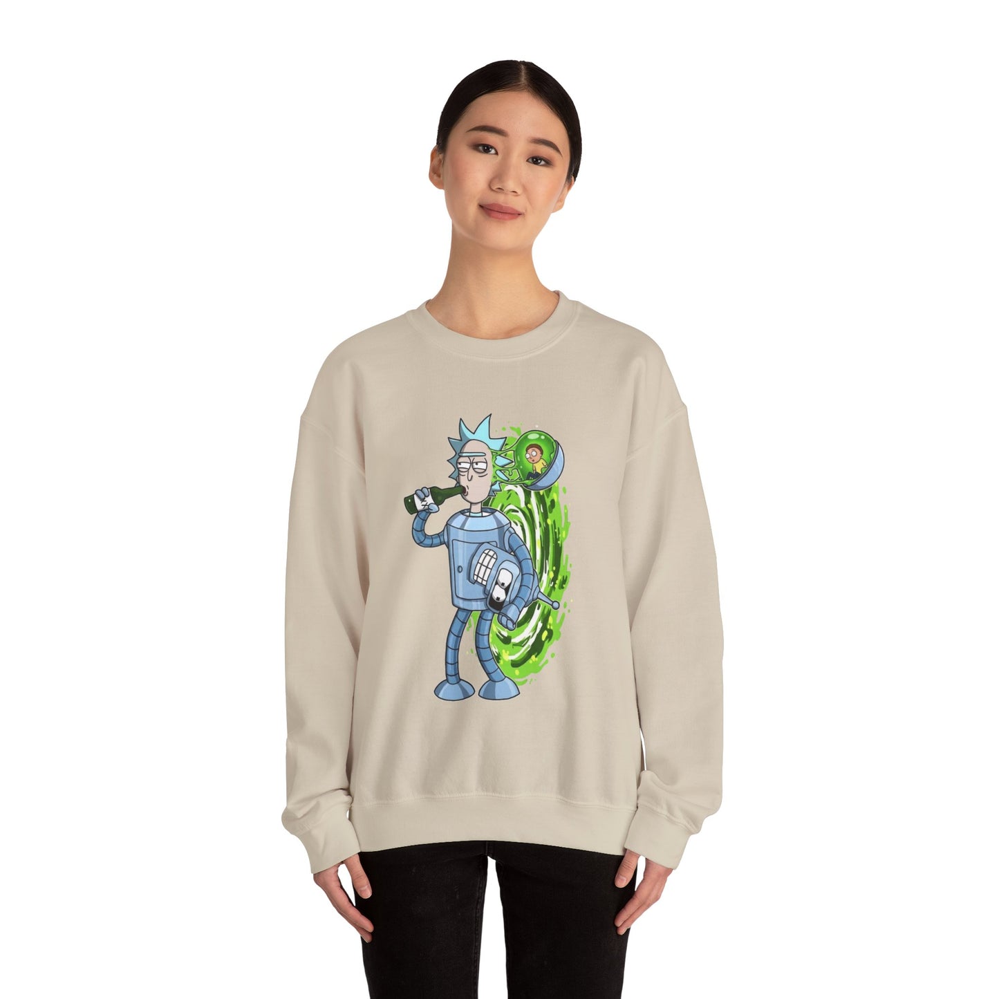 Crewneck Sweatshirt — Sci‑Fi Portal Rick Drinking Design