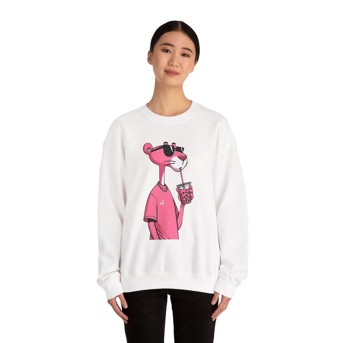 Pink Panther Cartoon Sweatshirt — Cool Sunglasses Bubble Tea Graphic Crewneck