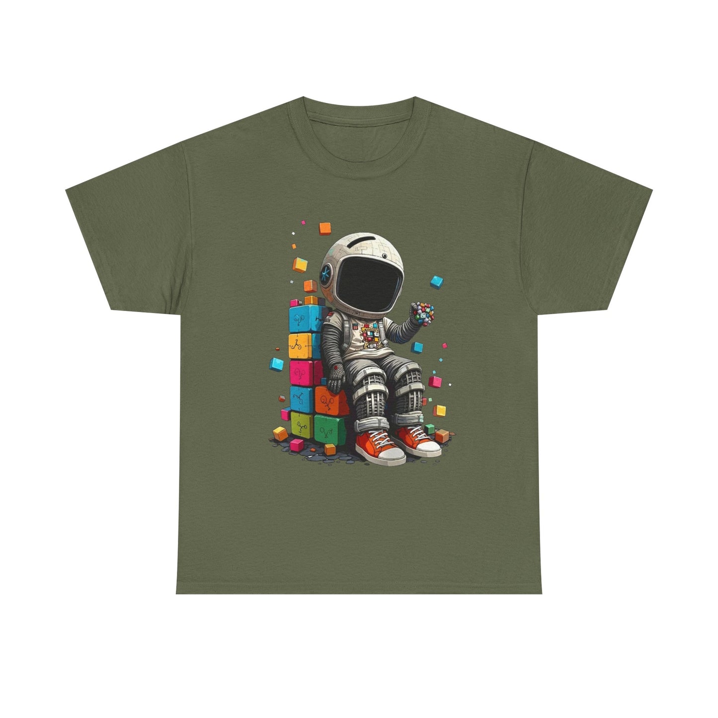 Astronaut Chill T‑Shirt — Retro Space Traveler Sitting on Colorful Blocks