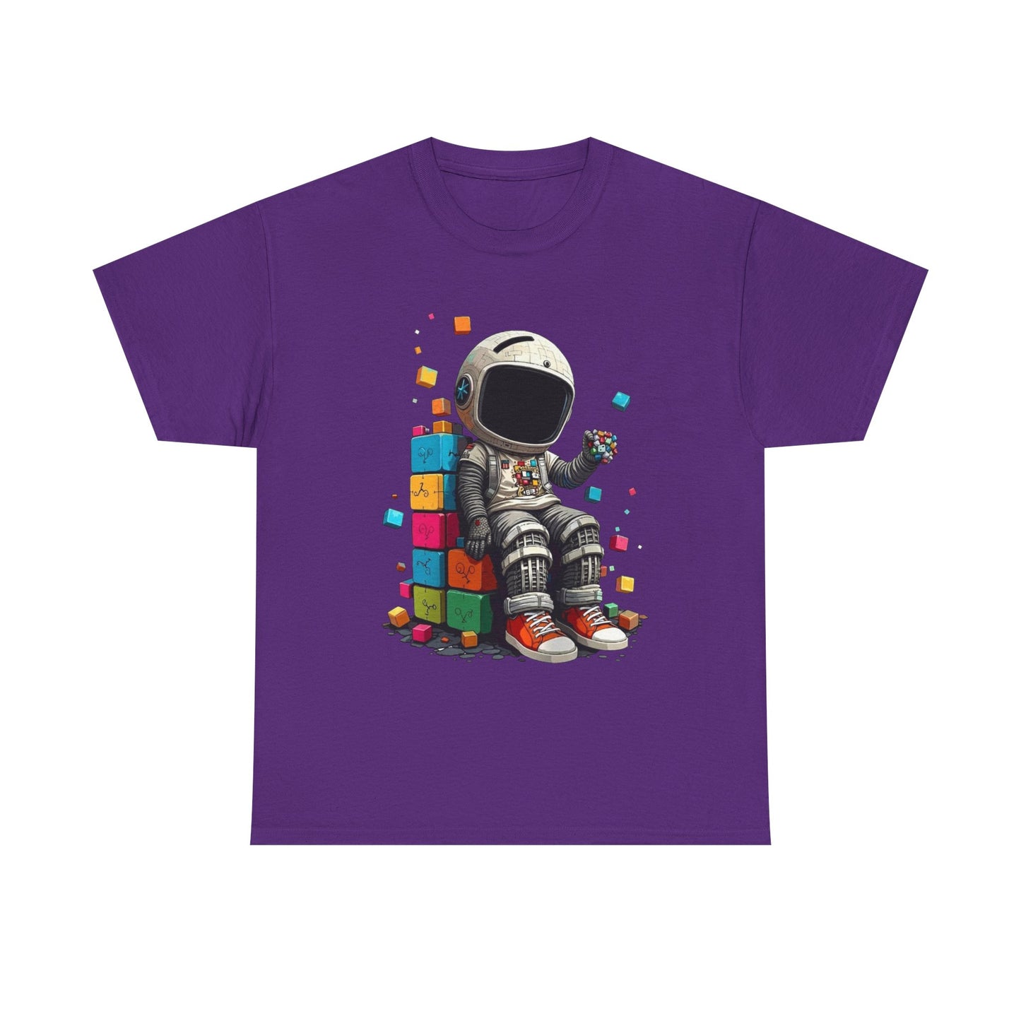 Astronaut Chill T‑Shirt — Retro Space Traveler Sitting on Colorful Blocks